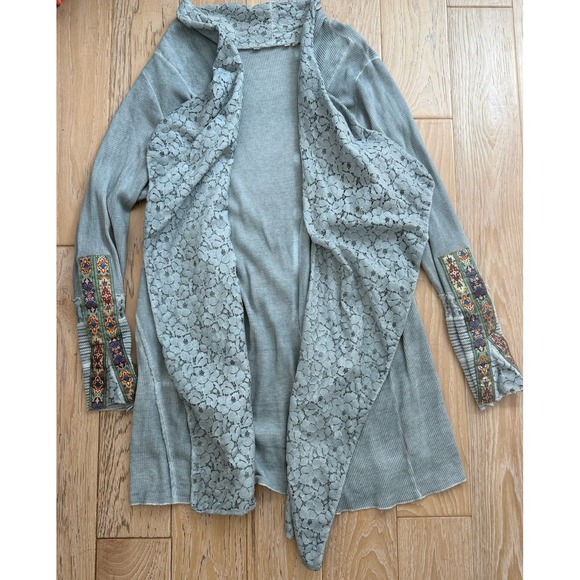 Soft Surroundings Cadence Thermal‎ Cardigan Petite  Embroidered  Gray Waffle - Picture 4 of 12